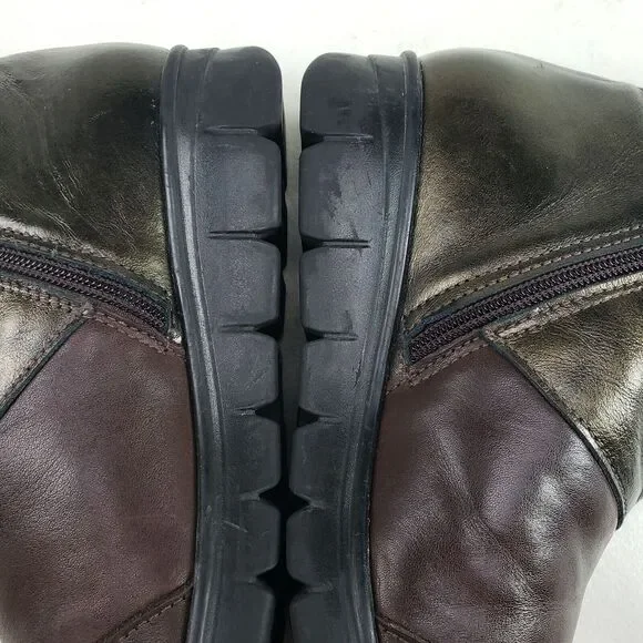 Onfoot Leather Ankle Wedge Boot Womens 6.5 EU 37 Brown & Gold Side Zip Spain